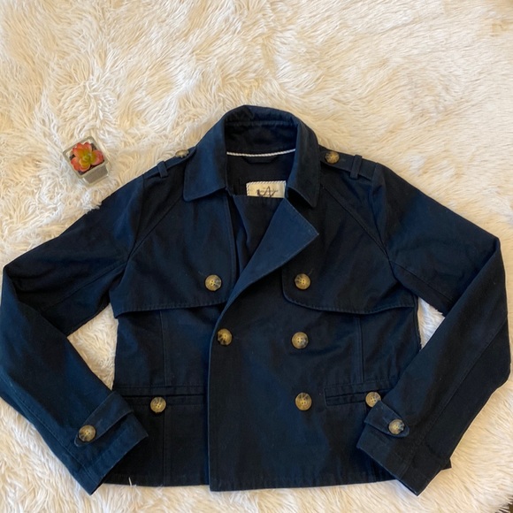 $120 Abercrombie & Fitch NAVY Cropped Double Breasted Trench Coat Jacket blazer - Picture 3 of 10